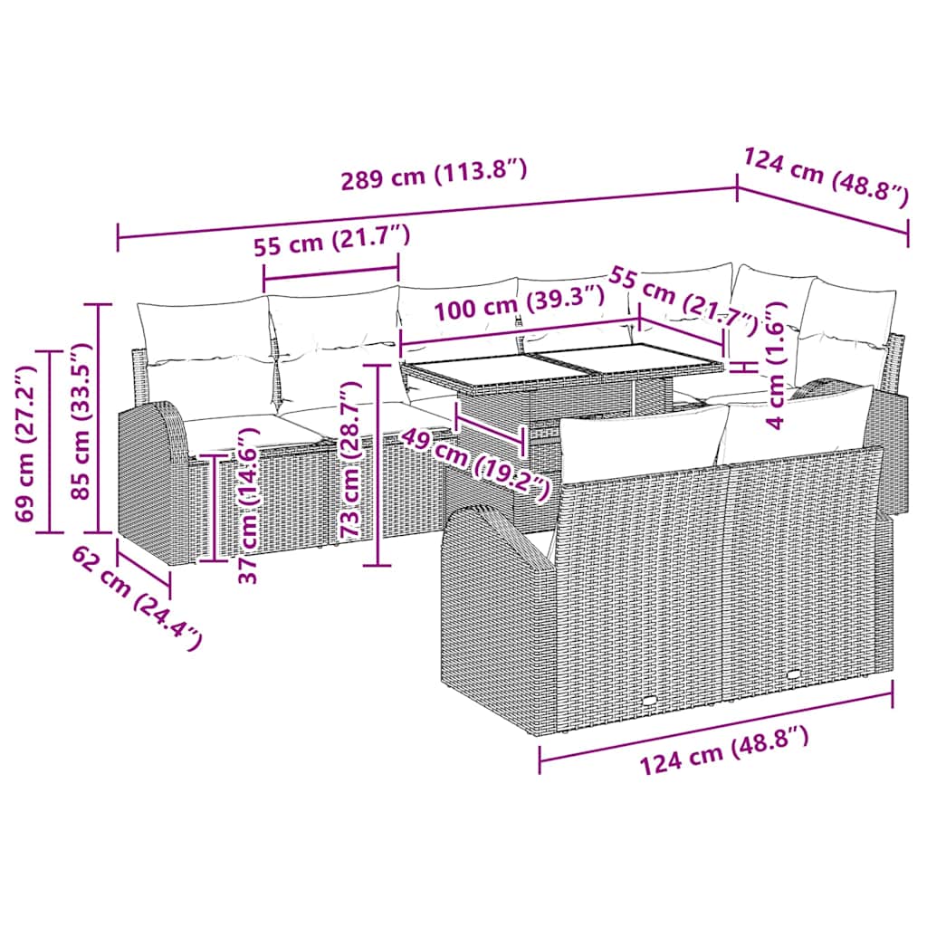 Conjunto de Sofás com almofada 9 pcs Cinzento-claro vime PE