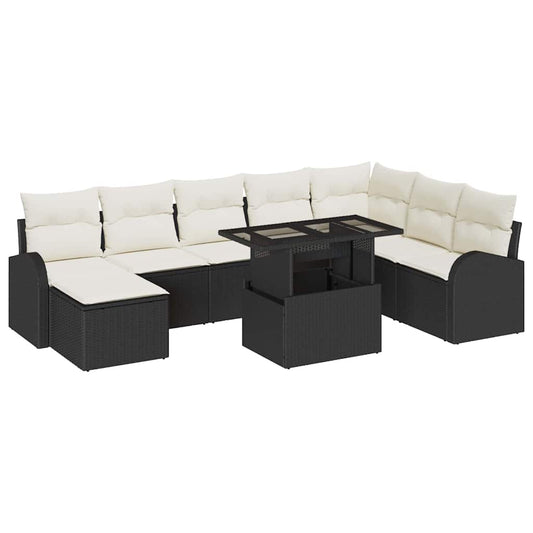 Conjunto de Sofá de Jardim com almofada 9 pcs Preto e creme