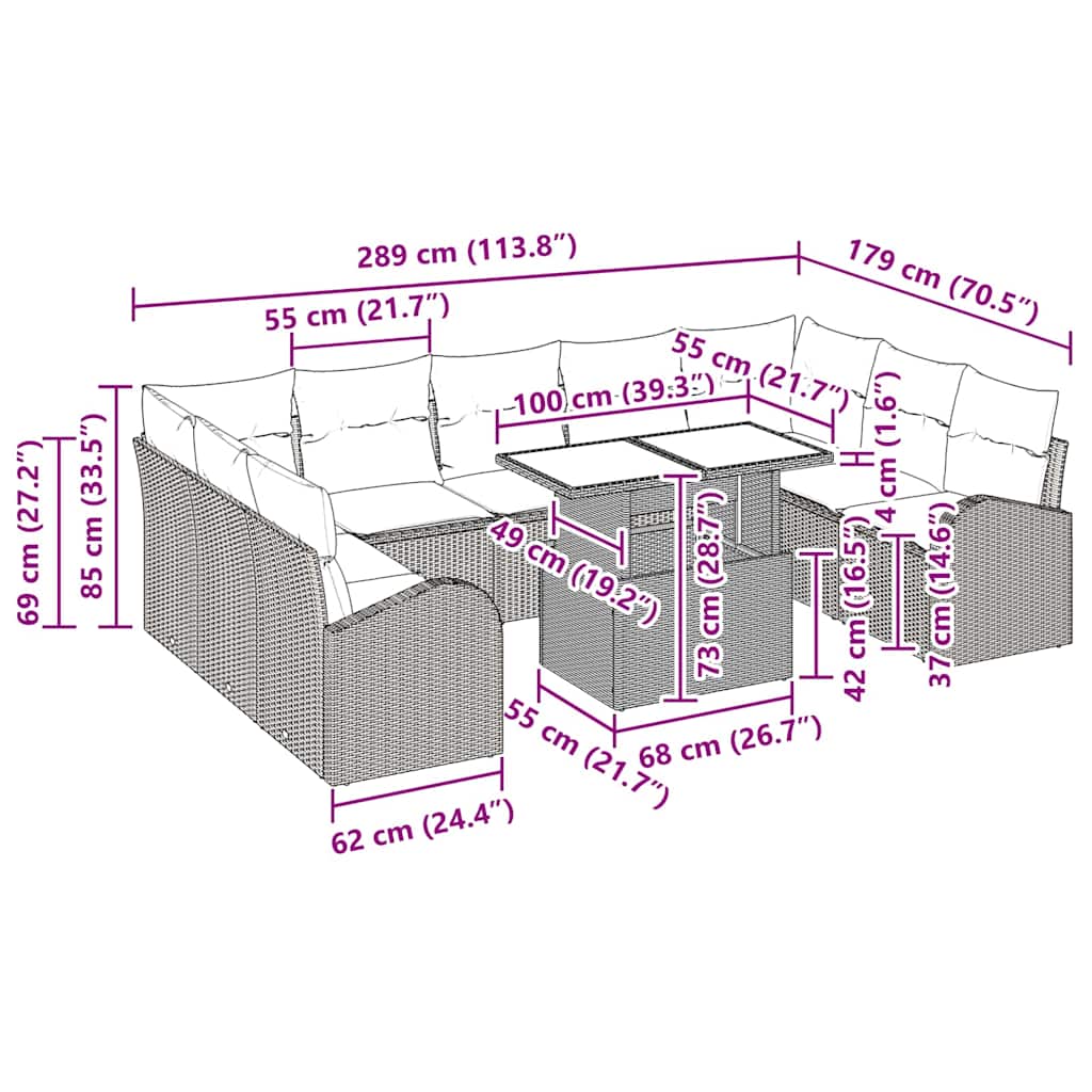 Conjunto de Sofás Manual 10 pcs Cinza Claro e Cinza vime PE