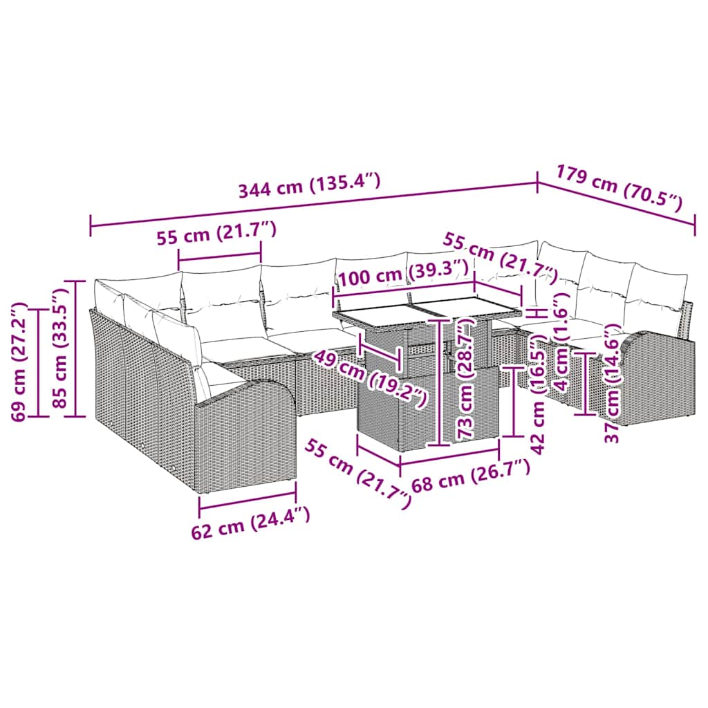 Conjunto de Sofá de Jardim com travesseiro 11 pcs Preto vime PE