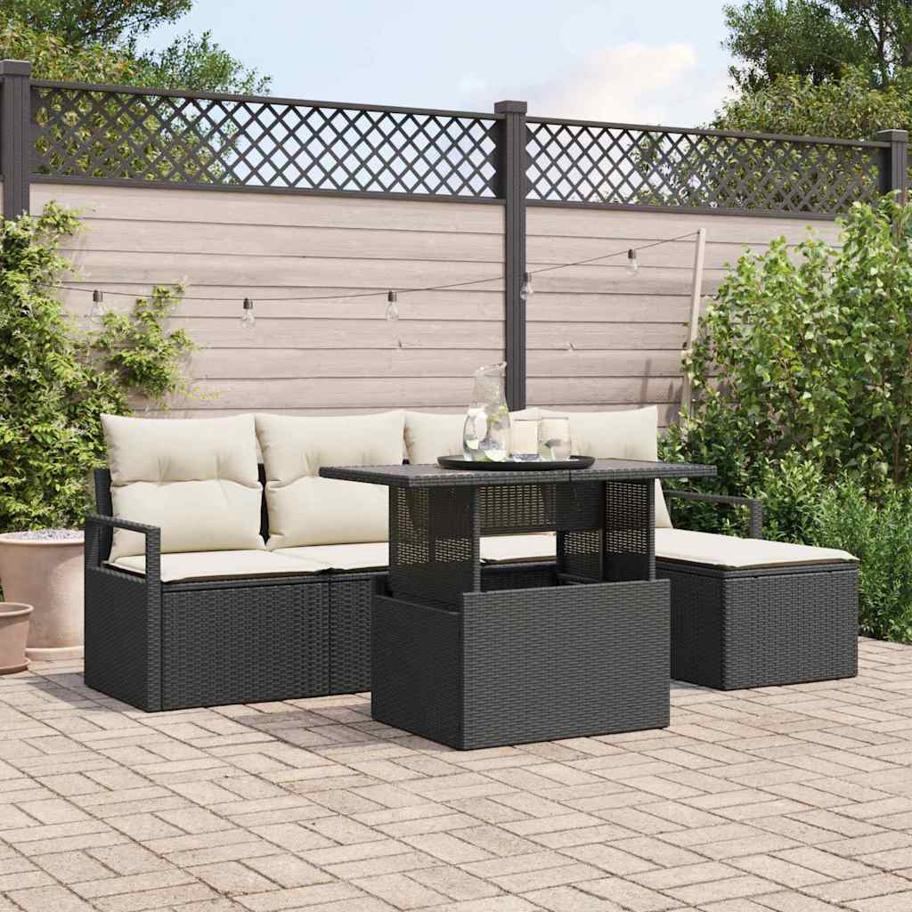 Conjunto de Sofá de Jardim com almofada 6 pcs Preto e creme