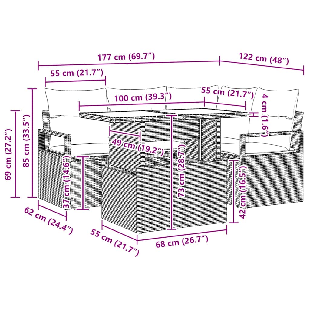 Conjunto de Sofá de Jardim com almofada 5 pcs Cinzeto vime PE