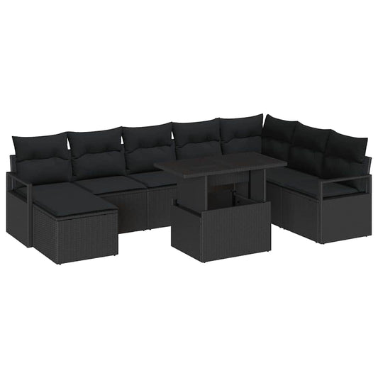 Conjunto de Sofá de Jardim com almofada 9 pcs Preto