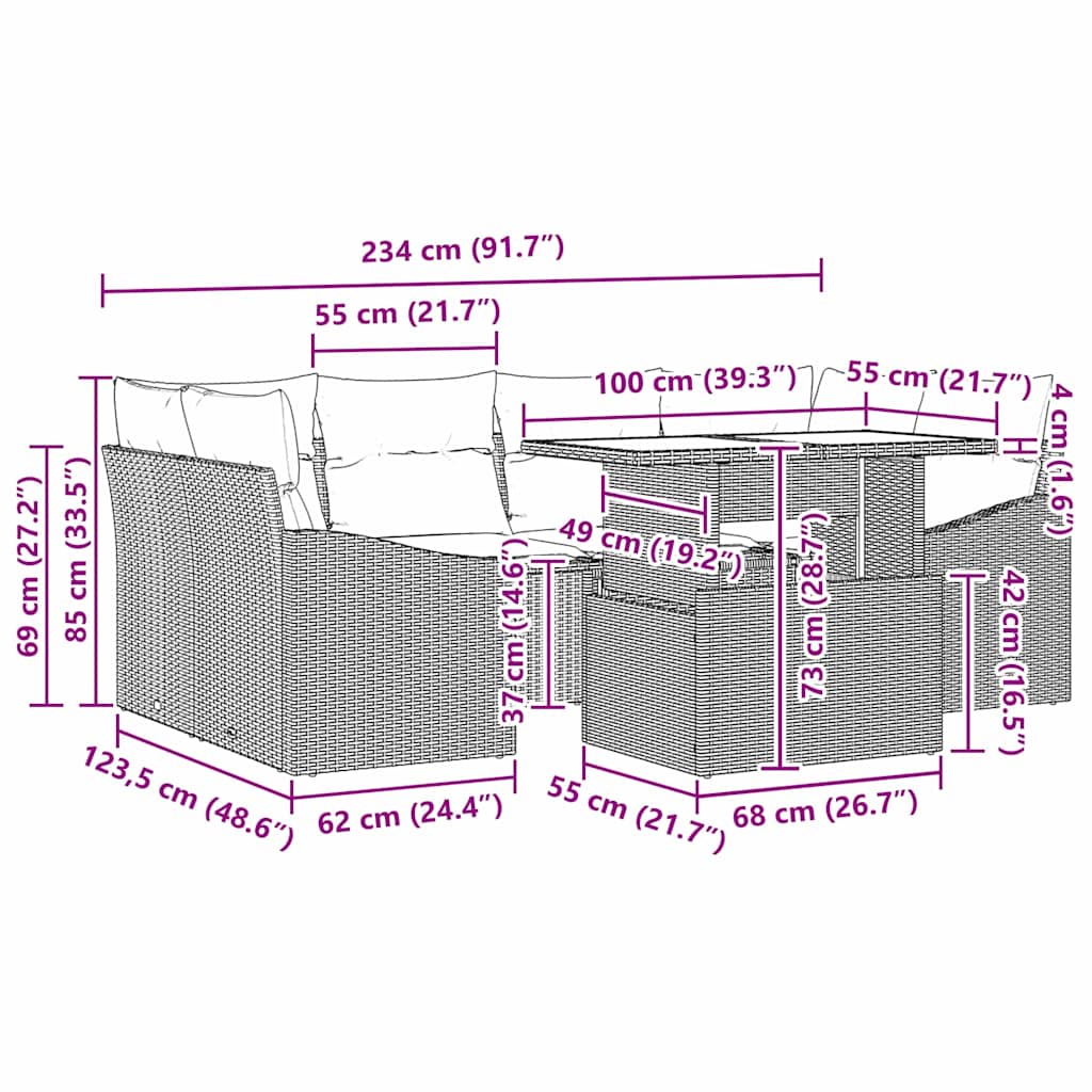 Conjunto de Sofá de Jardim 7 pcs Marrom e Creme vime PE