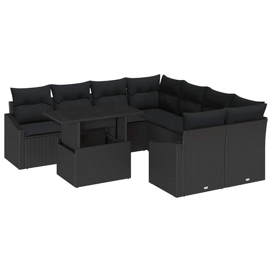 Conjunto de Sofá de Jardim com almofada 9 pcs Preto vime PE