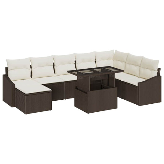 Conjunto de Sofá de Jardim com almofada 9 pcs Castanho e creme