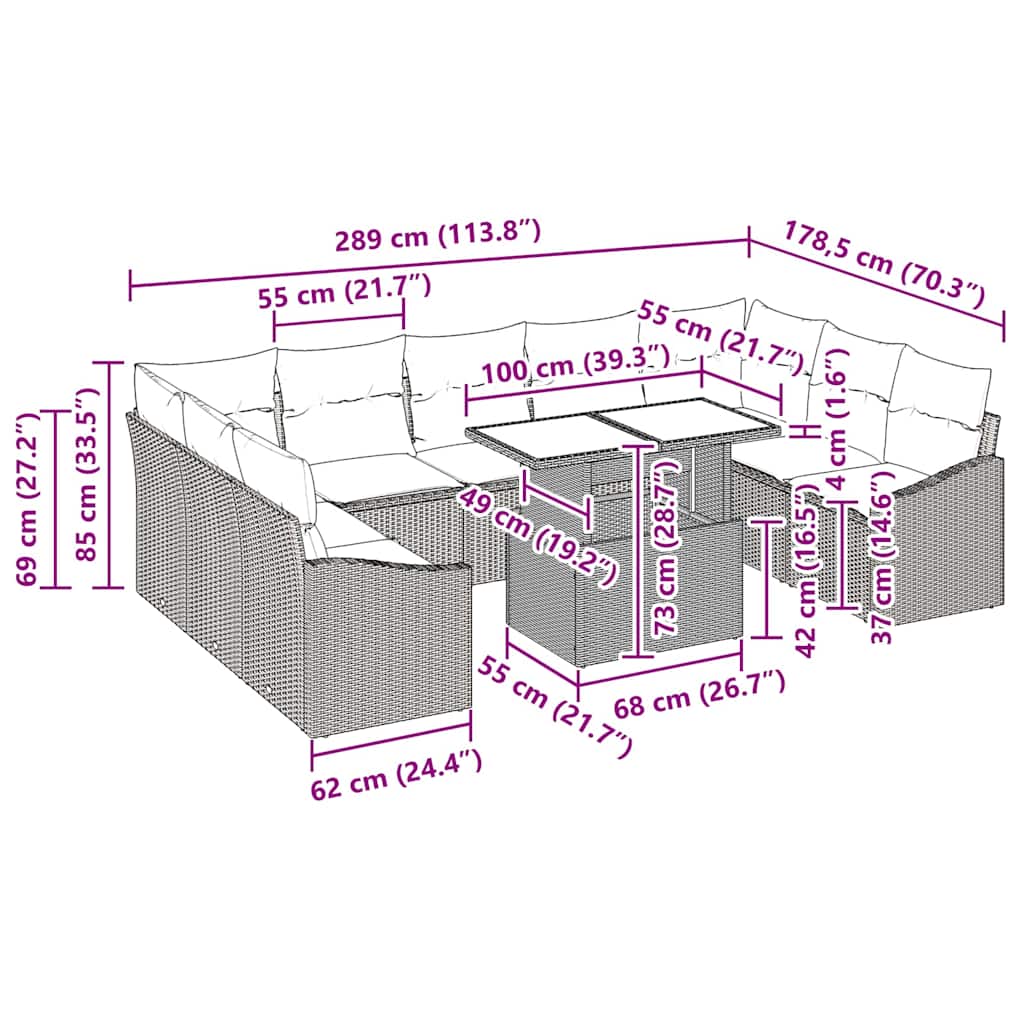 Conjunto de Sofás Manual 10 pcs Bege e Cinza Claro vime PE