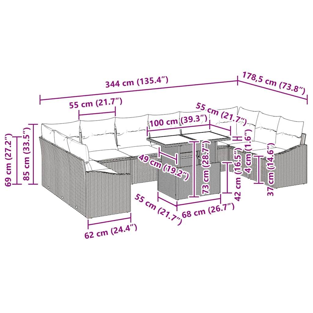 Conjunto de Sofás Manual 11 pcs Bege e Cinza Claro vime PE
