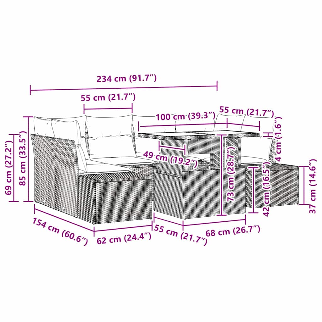 Conjunto de Sofás com almofada 7 pcs Cinzento-claro vime PE