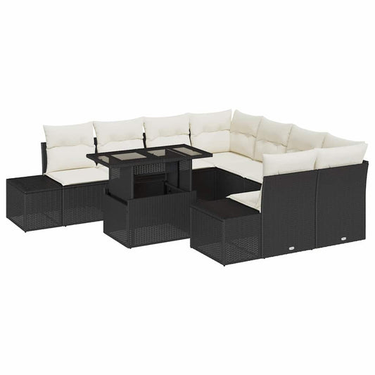 Conjunto de Sofá de Jardim 9 pcs Preto e Creme vime PE