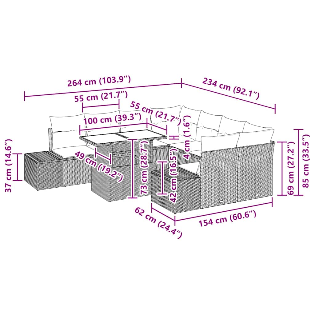 Conjunto de Sofás com almofada 9 pcs Cinzento-claro vime PE