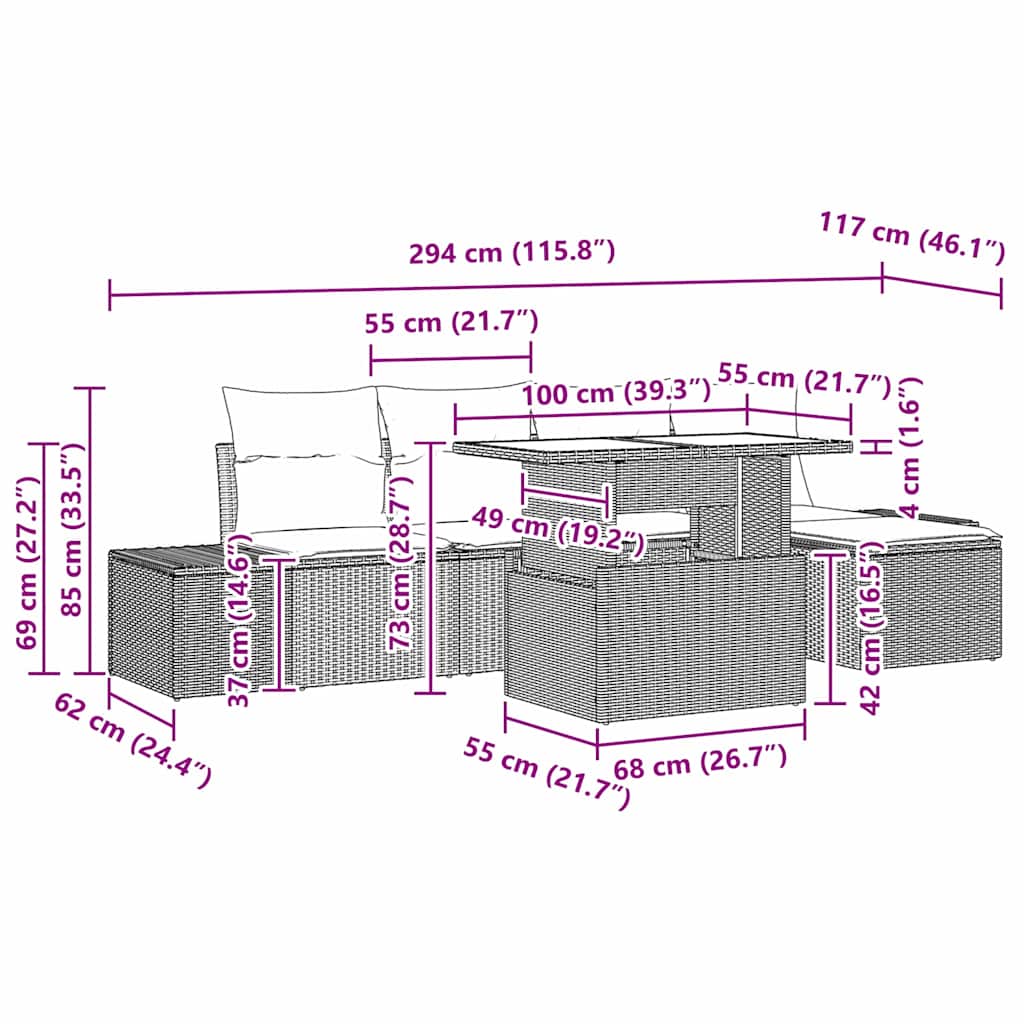 Conjunto de Sofá de Jardim 6 pcs Marrom e Creme vime PE