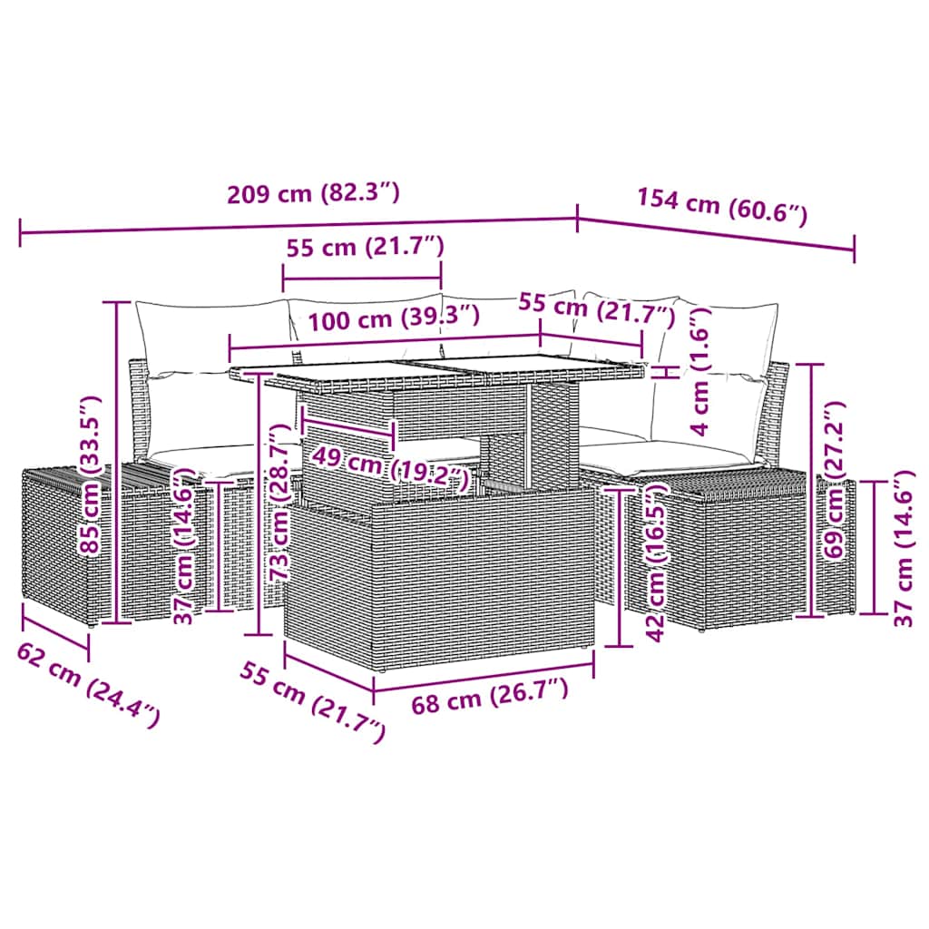 Conjunto de Sofá de Jardim com almofada 5 pcs Preto vime PE
