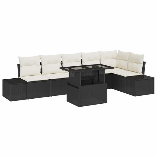 Conjunto de Sofá de Jardim com almofada 7 pcs Preto e creme
