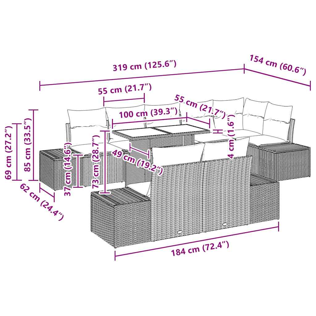 Conjunto de Sofá de Jardim com almofada 9 pcs Preto e creme