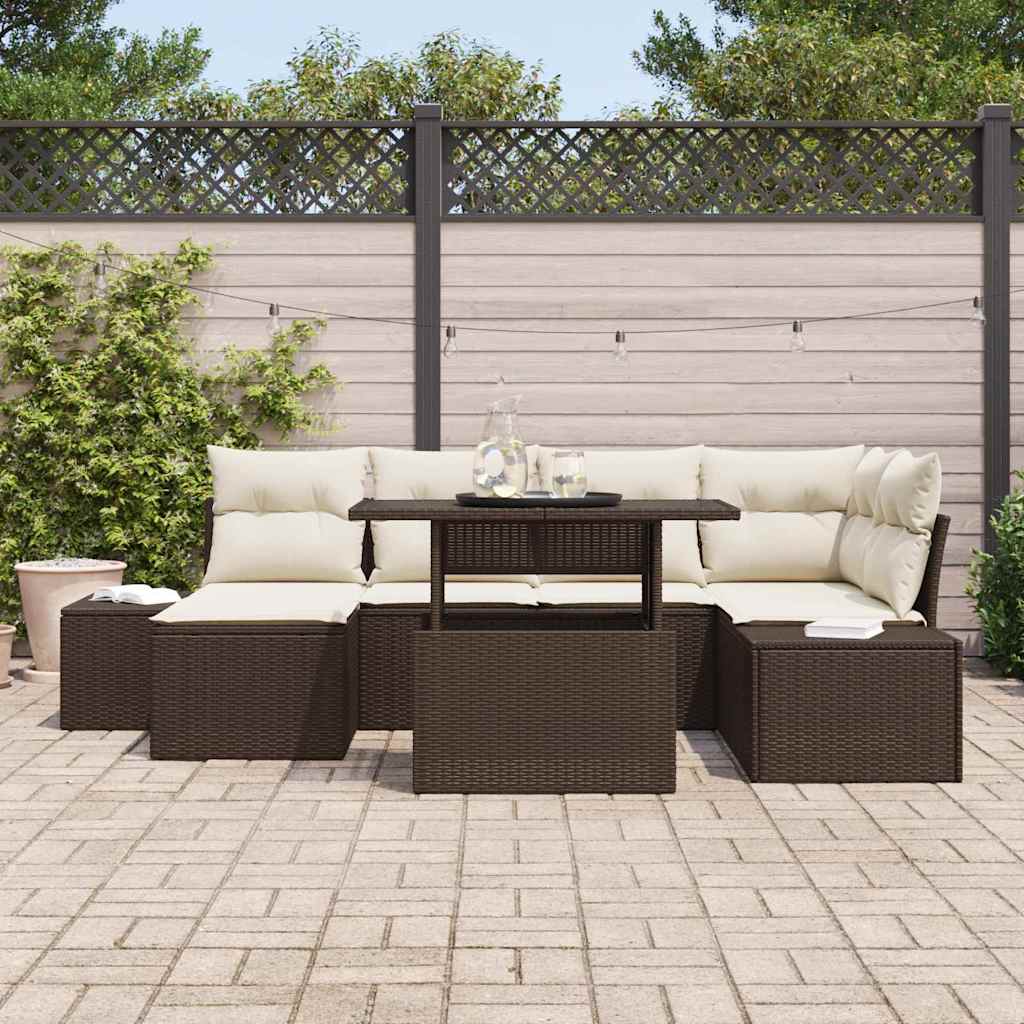 Conjunto de Sofá de Jardim com almofada 7 pcs Castanho e creme