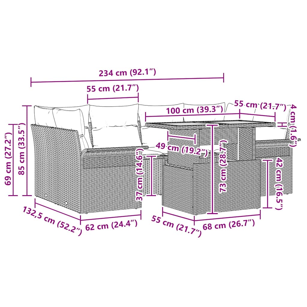 Conjunto de Sofá de Jardim com almofada 7 pcs Preto