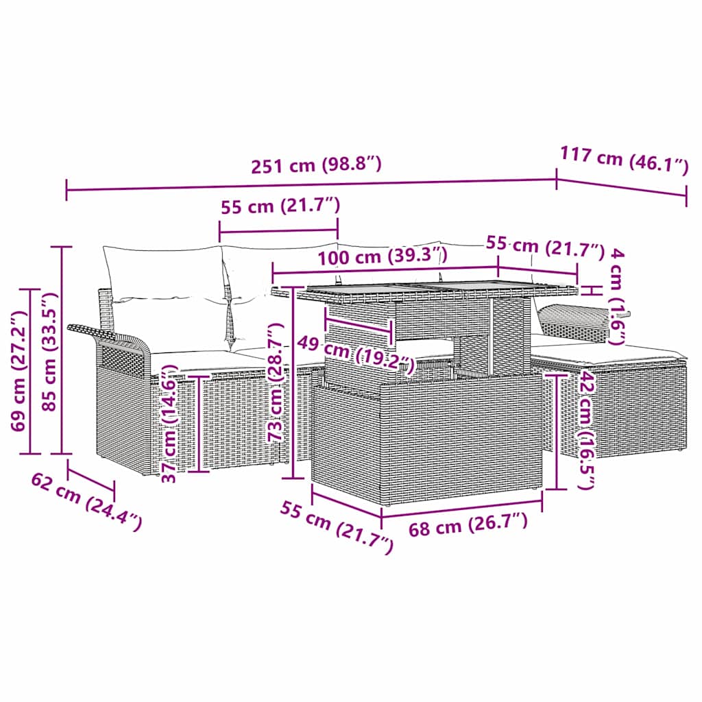 Conjunto de Sofá de Jardim com almofada 6 pcs Preto