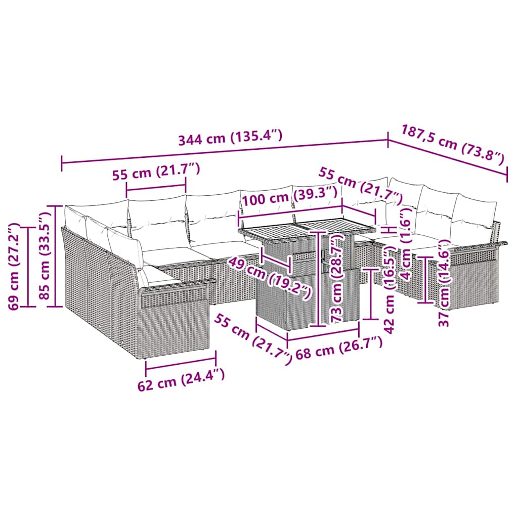 Conjunto de Sofá de Jardim com almofada 11 pcs Preto e creme