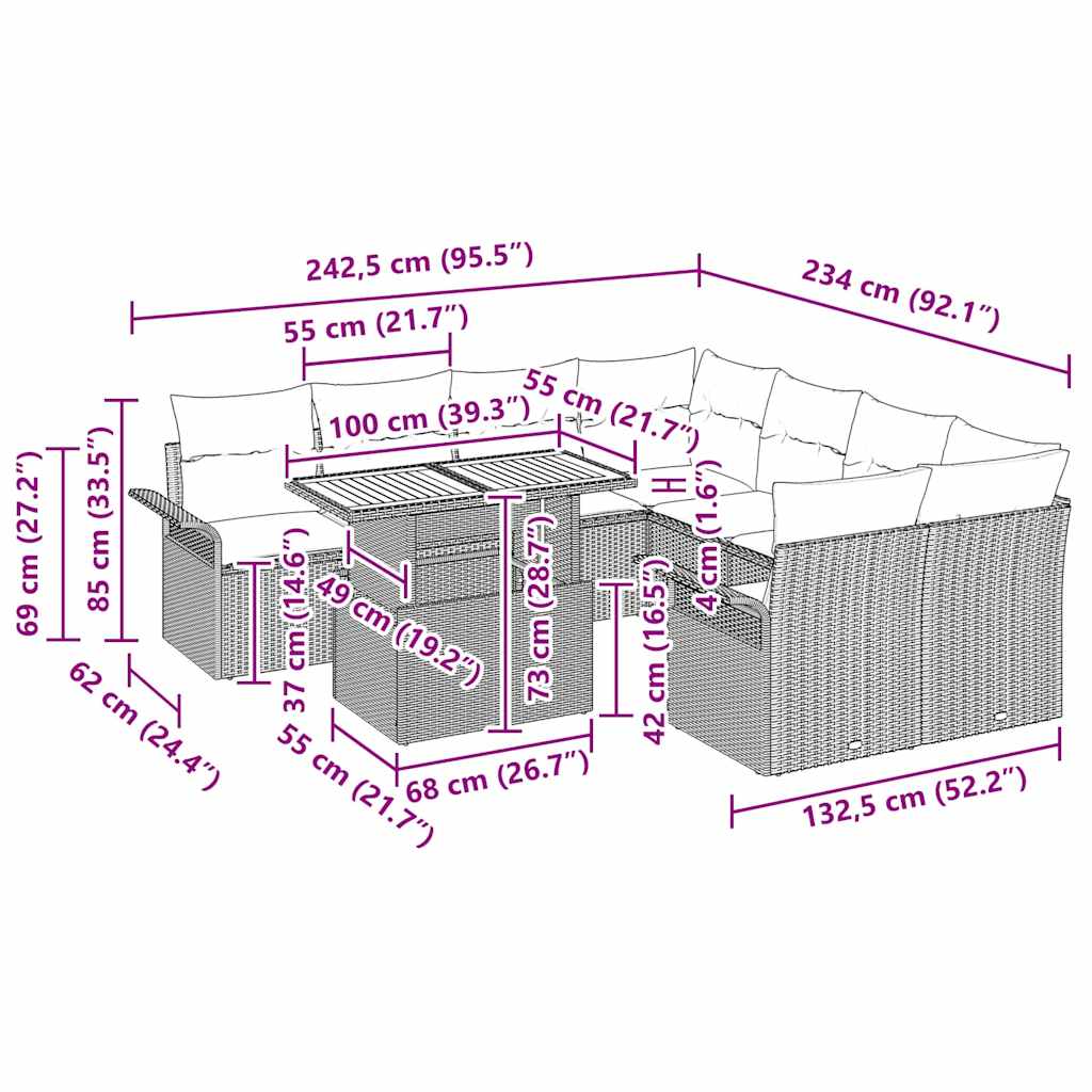 Conjunto de Sofá de Jardim com almofada 11 pcs Preto