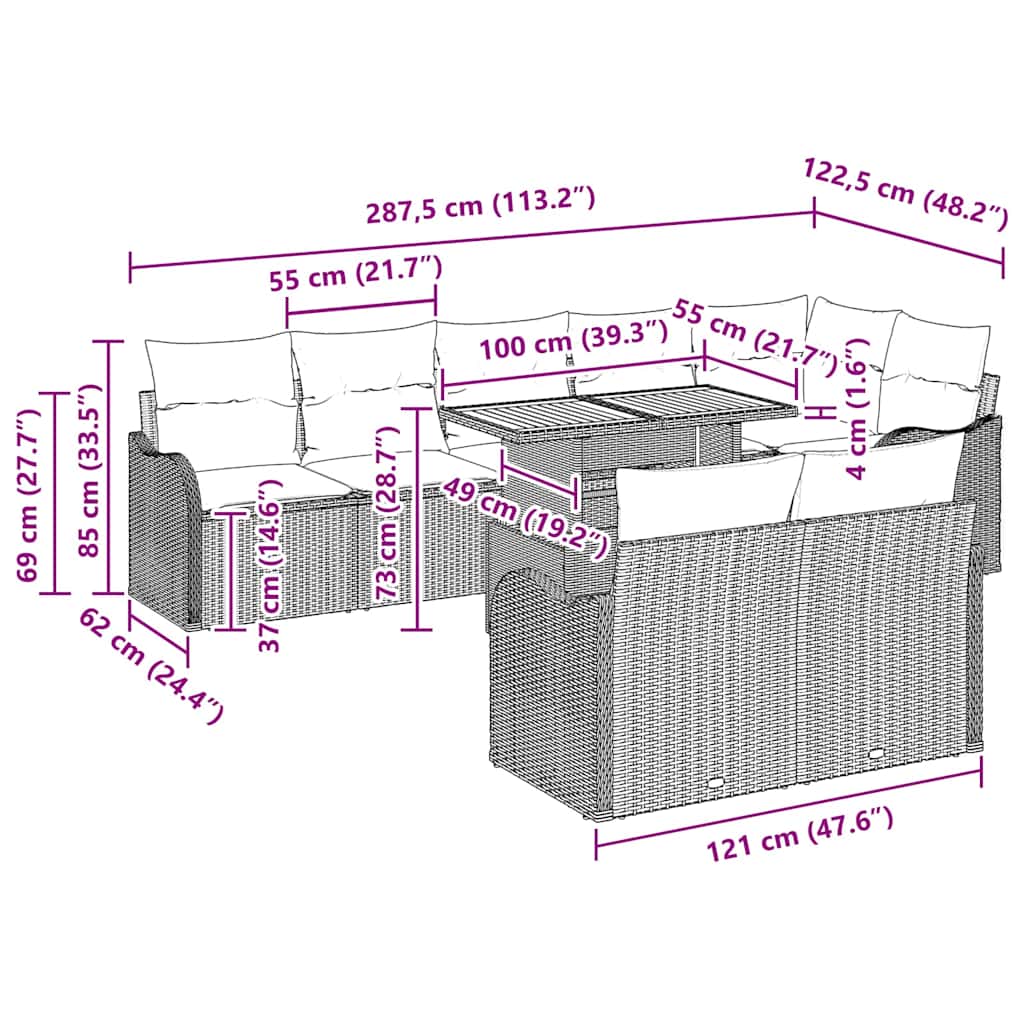 Conjunto de Sofá de Jardim 9 pcs Cinzeto 100 x 55 x 73 cm