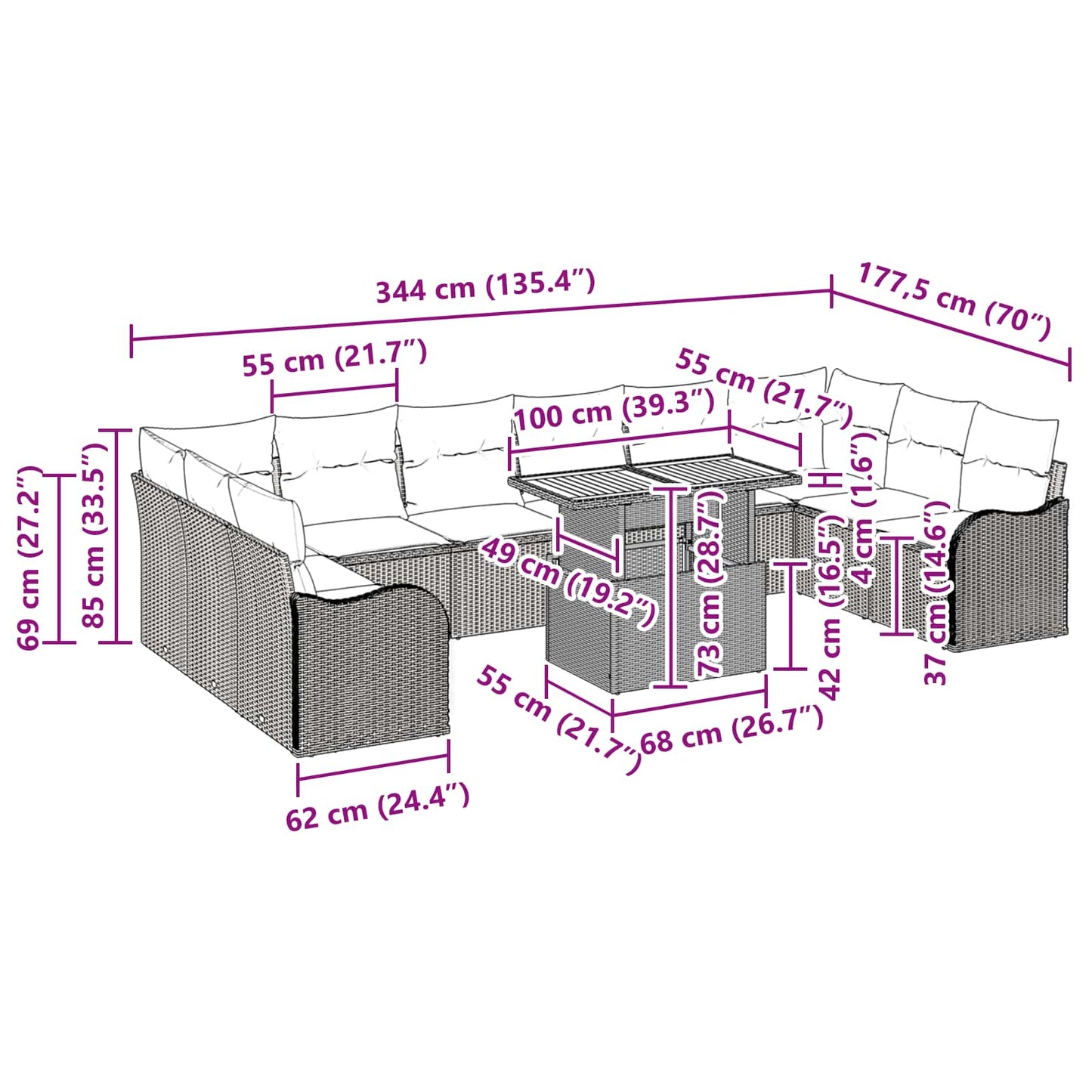 Conjunto de Sofá de Jardim com almofada 11 pcs Preto e creme