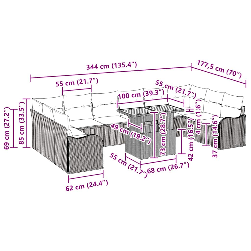 Conjunto de Sofá de Jardim com almofada 11 pcs Cinzeto