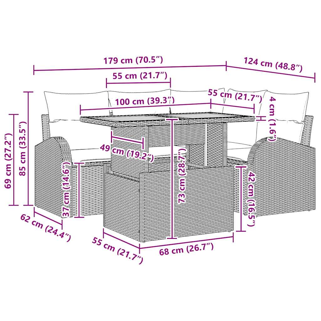 Conjunto de Sofá de Jardim com almofada Manual 5 pcs Cinzeto