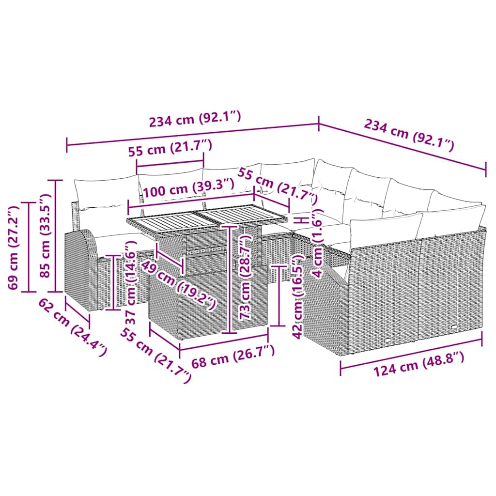 Conjunto de Sofá de Jardim com almofada 11 pcs Preto