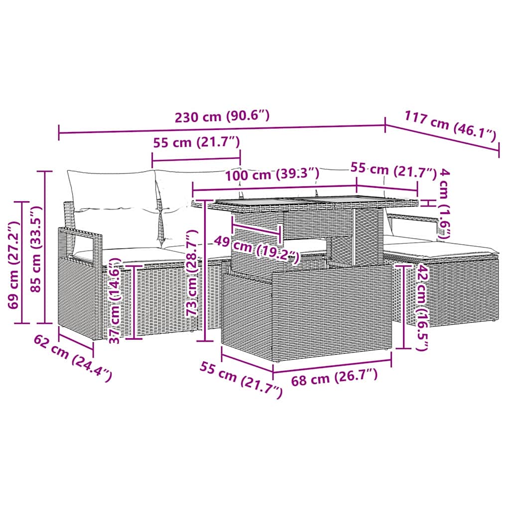 Conjunto de Jantar para Jardim com almofada 6 pcs Bege e Cinza