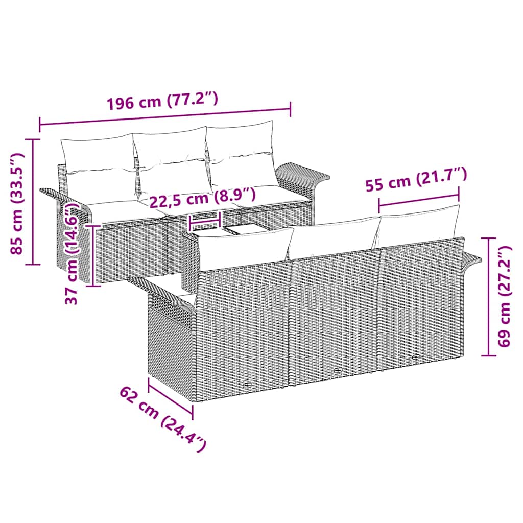 Conjunto de Sofá de Jardim com almofada 7 pcs Preto vime PE