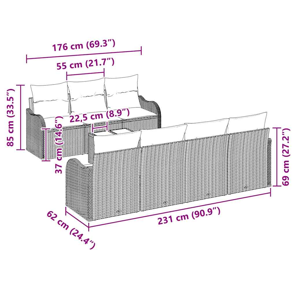 Conjunto de Sofá de Jardim 8 pcs Marrom e Creme 55 x 55 x 37 cm