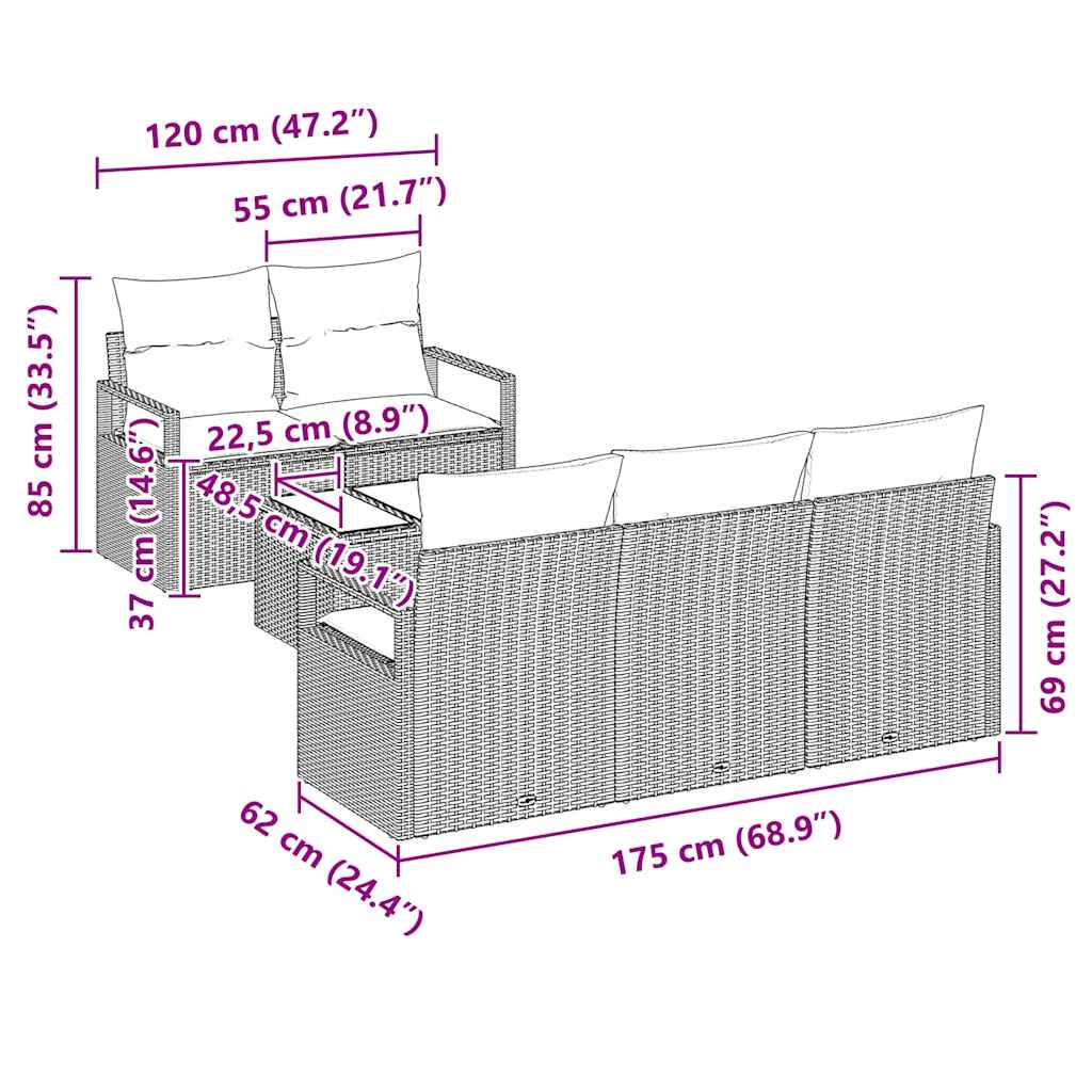 Conjunto de Sofá de Jardim 6 pcs Marrom e Creme vime PE
