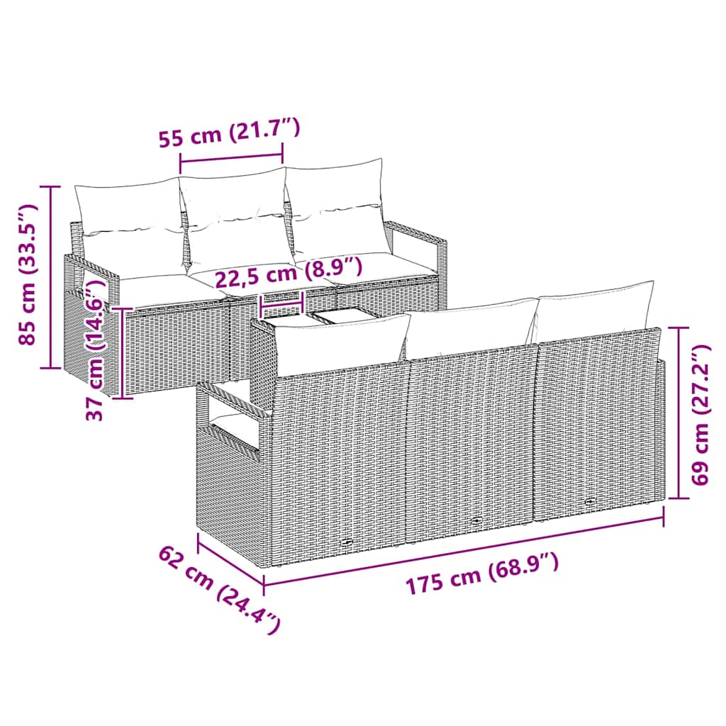 Conjunto de Sofá de Jardim 7 pcs Preto Rattan e Aço e Vidro