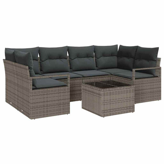 Conjunto de Sofá de Jardim 7 pcs Cinzeto Rattan e Aço e Vidro