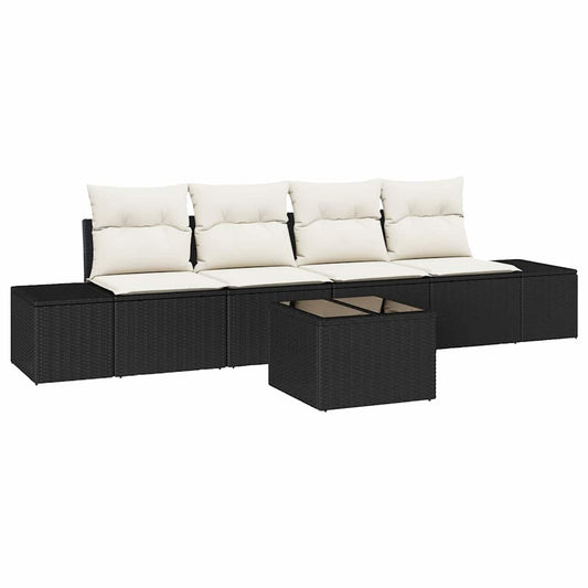 Conjunto de Sofá de Jardim 5 pcs Preto e Creme vime PE