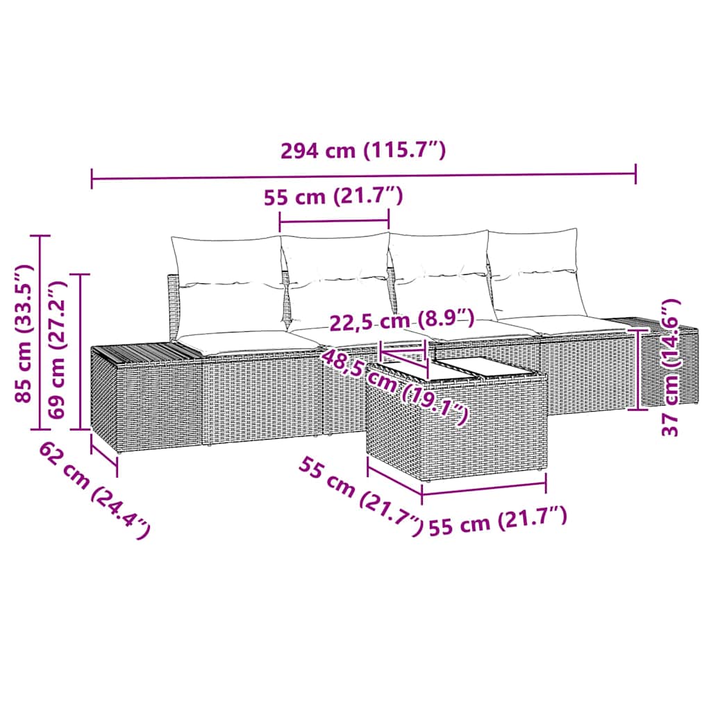 Conjunto de Sofá de Jardim 5 pcs Marrom e Creme 55 x 55 x 37 cm