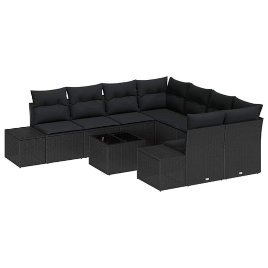 Conjunto de Sofá de Jardim com almofada 9 pcs Preto vime PE