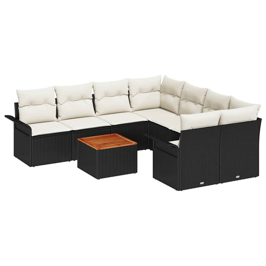 Conjunto de Sofá de Jardim com almofada 9 pcs Preto e Creme