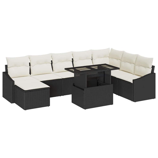 Conjunto de Sofá de Jardim com almofada 9 pcs Preto e Creme
