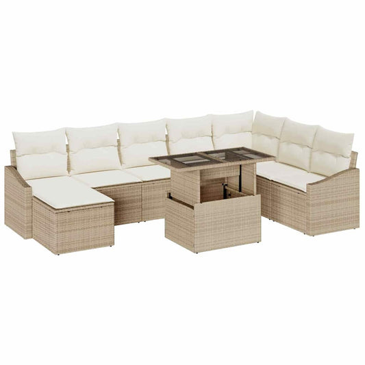 Conjunto de Sofá de Jardim com almofada 9 pcs Bege e Creme