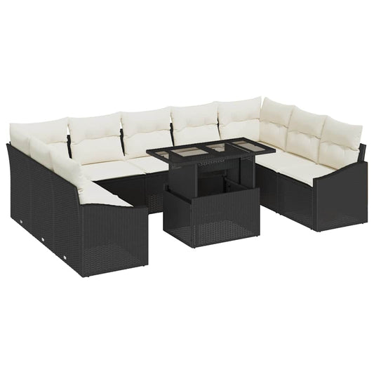 Conjunto de Sofá de Jardim com almofada 10 pcs Preto e Creme