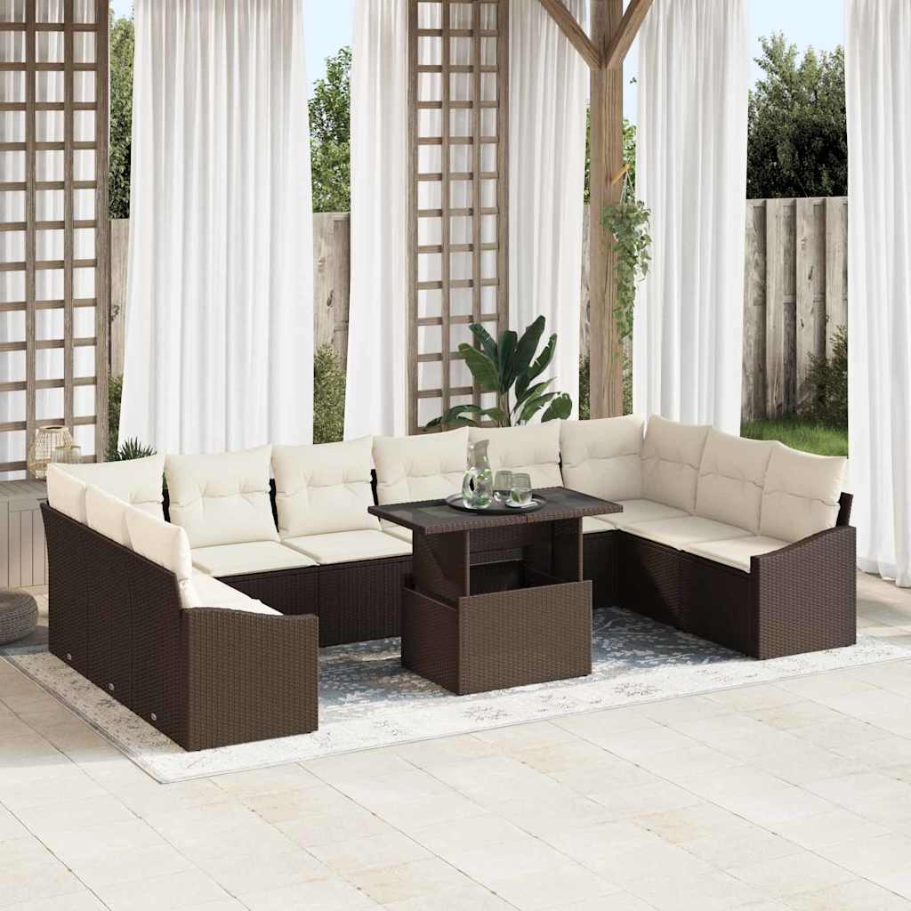 Conjunto de Sofá de Jardim com almofada 11 pcs Marrom e Creme