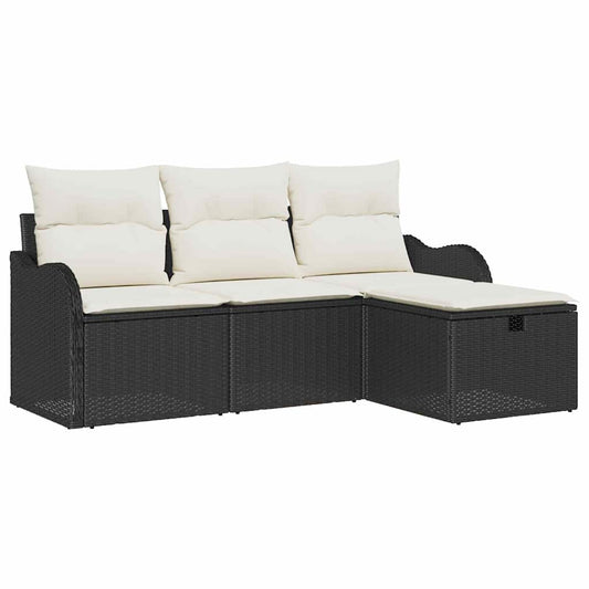 Conjunto de Sofá de Jardim Manual 4 pcs Preto e Creme vime PE