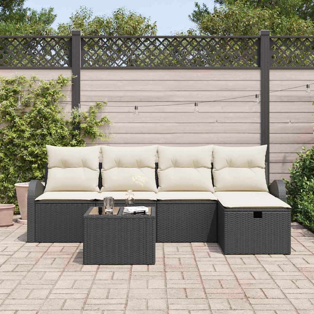 Conjunto de Sofá de Jardim com almofada 6 pcs Preto e creme