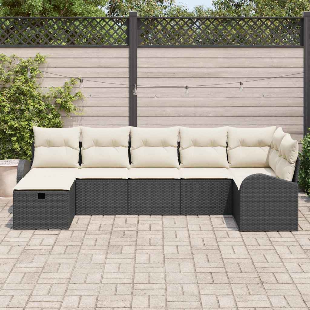 Conjunto de Sofás com almofada 7 pcs Preto e Creme vime PE