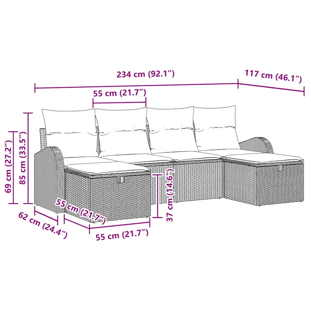 Conjunto de Sofás com almofada 6 pcs Bege e Cinza Claro vime PE