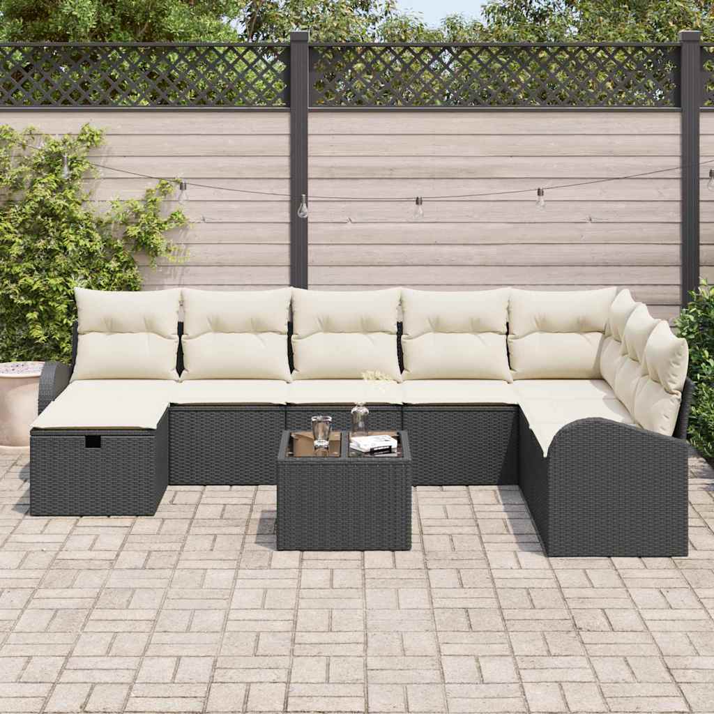 Conjunto de Sofá de Jardim com almofada 9 pcs Preto e creme