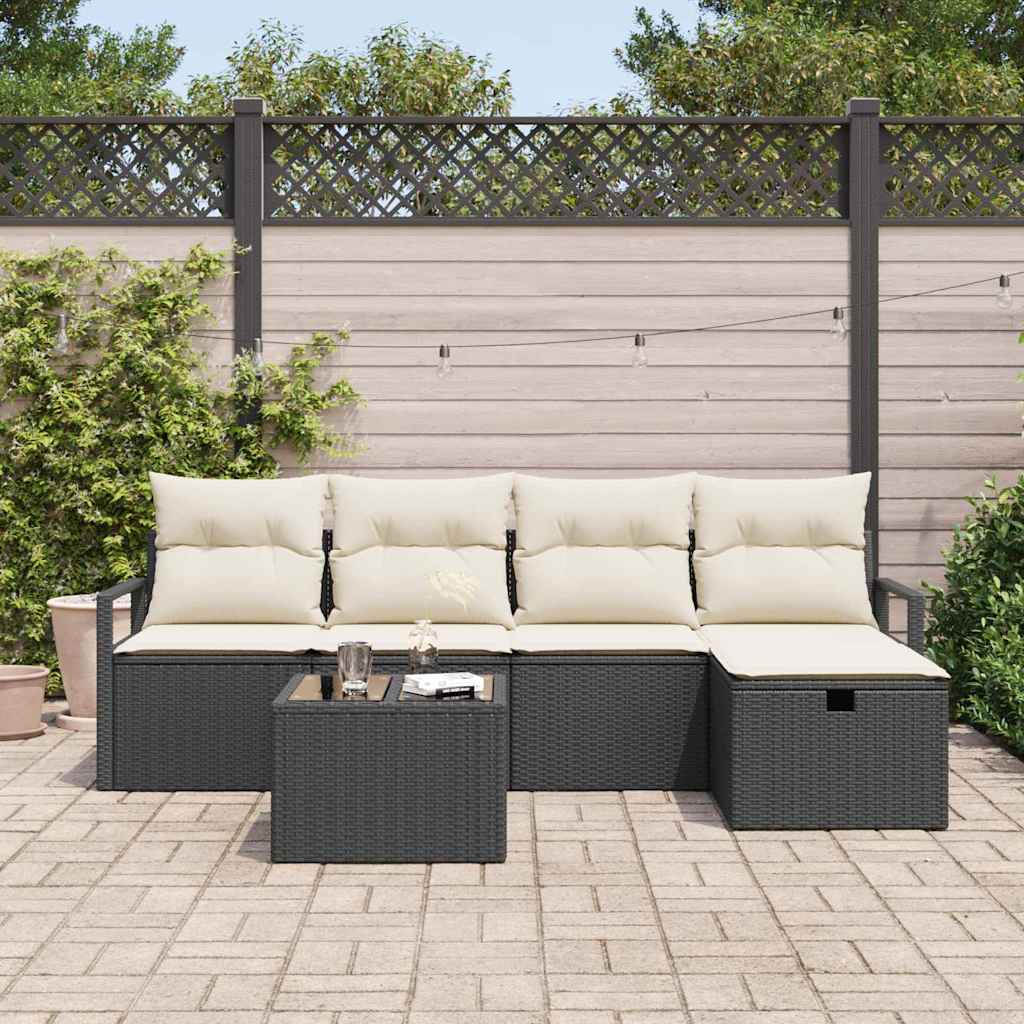 Conjunto de Sofá de Jardim com almofada 6 pcs Preto e creme