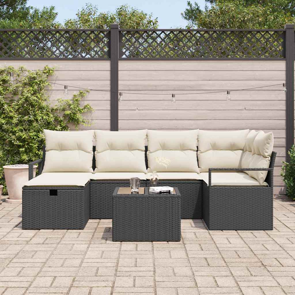 Conjunto de Sofá de Jardim com almofada 7 pcs Preto e creme